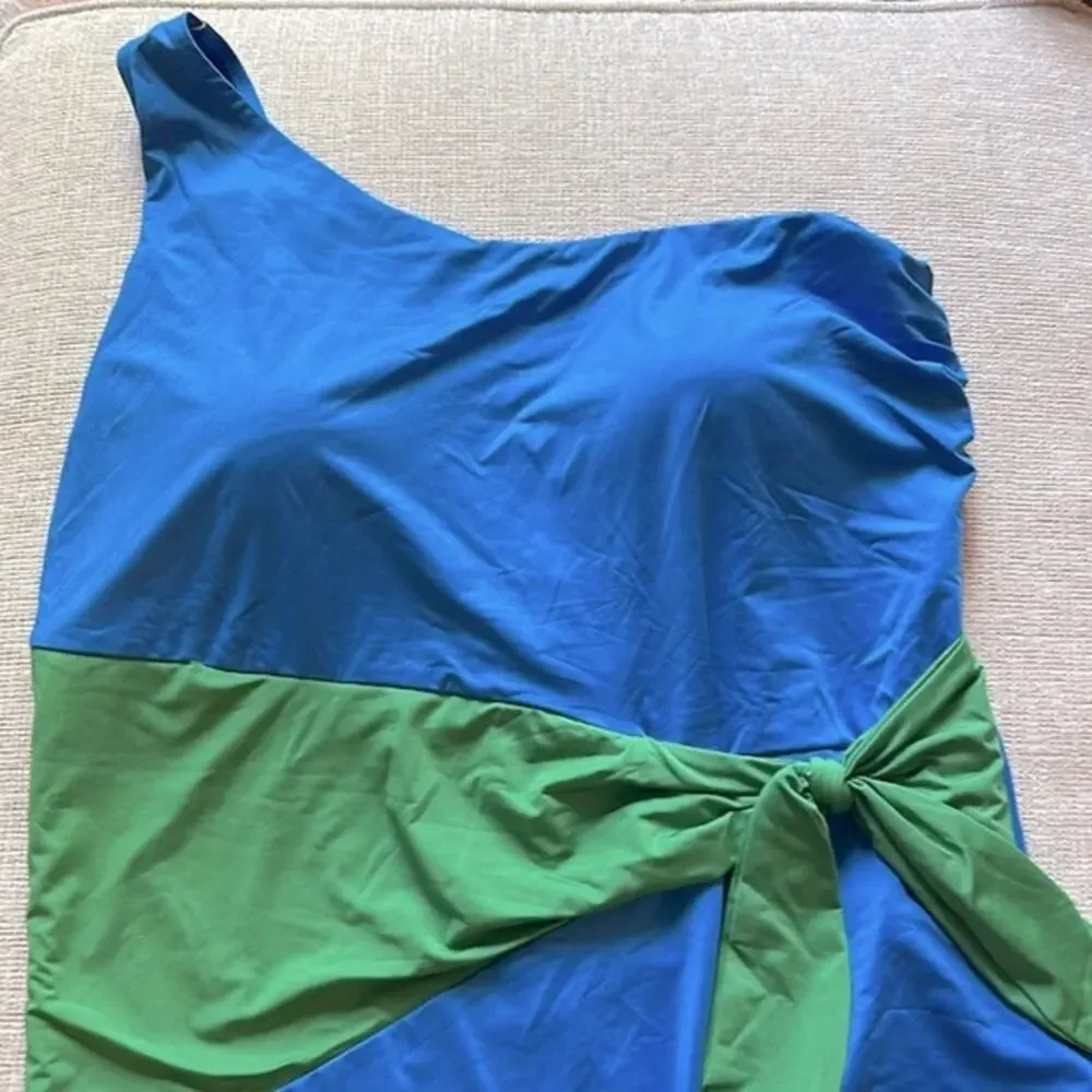 NWT City Chic Capri Ibiza blue and Absynth green sash one shoulder swimsuit, 20